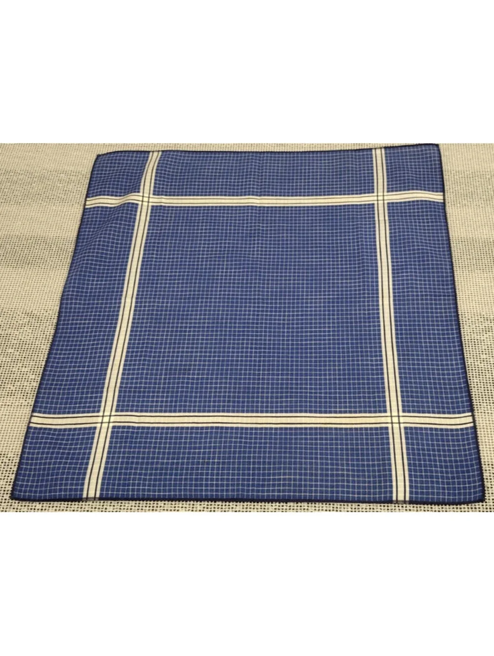 Vintage 1950s Men's Cotton Handkerchief Scarf Blue Squares Cream White Stripes